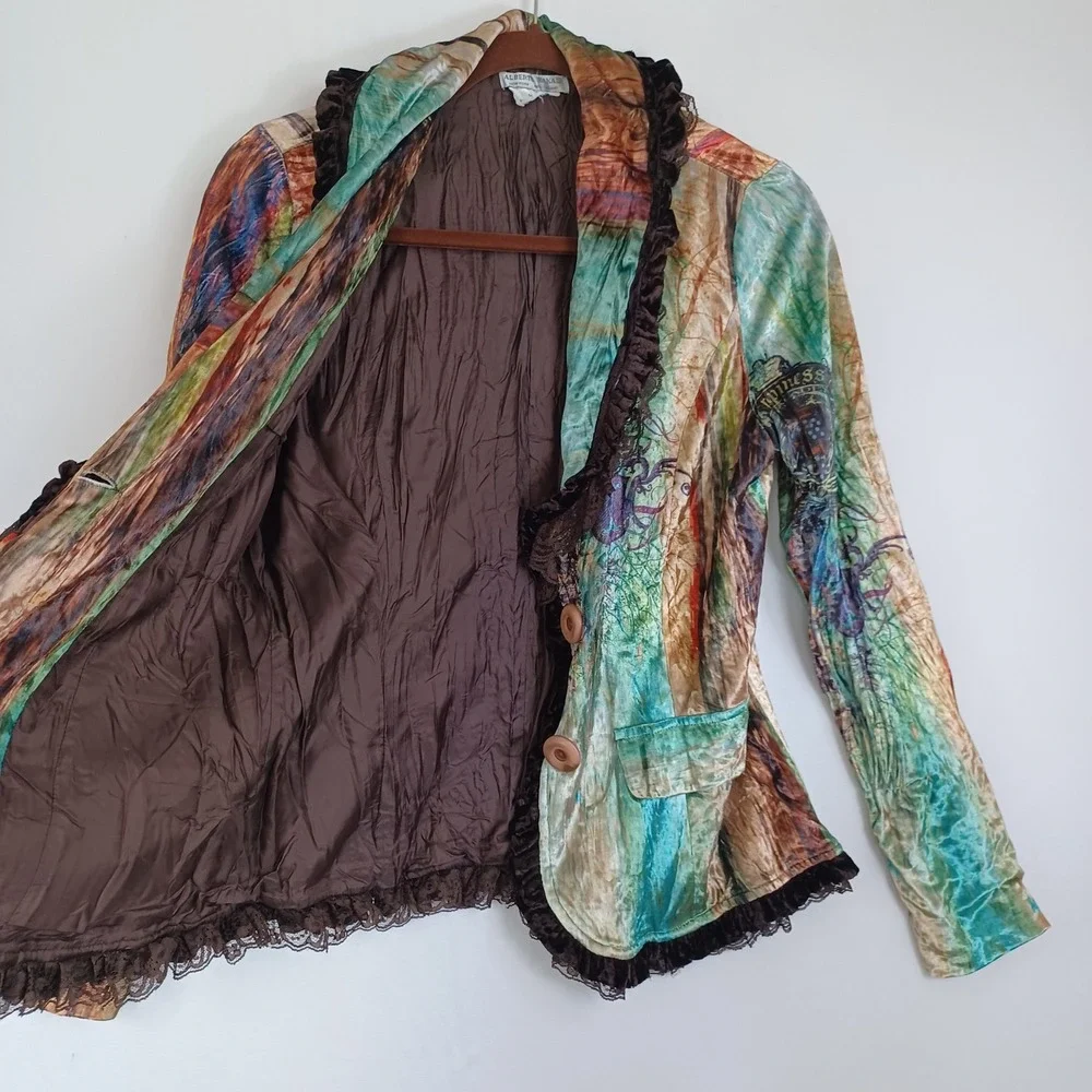 Albert Makali Womens Artistic Abstract Print Ruffle Lace Trim Blazer Jacket M